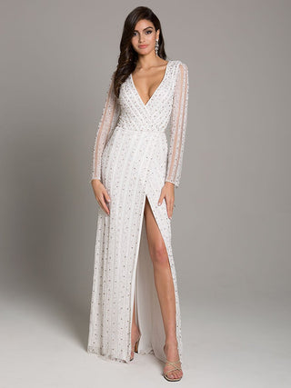 Lara Blair Long-Sleeve Beaded Surplice Sheath Gown - By Baano