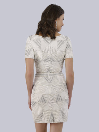 Becky Beaded Faux-Wrap Short Sleeve Cocktail Dress