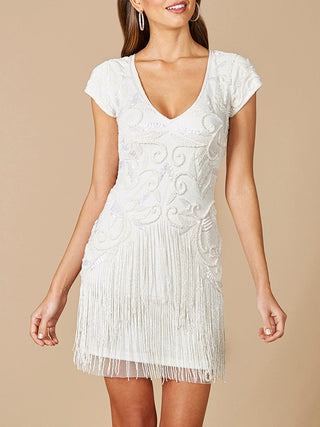 Lara Candie V-Neck Beaded Mini Dress with Fringe