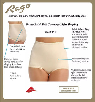 Light Shaping Tummy Control Panty with Inner lining | Style 511 Rago Shapewear