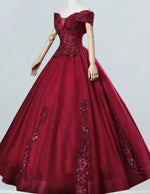 Burgundy Off-Shoulder Lace Applique Ball Gown | Elegant Evening & Prom Dress
