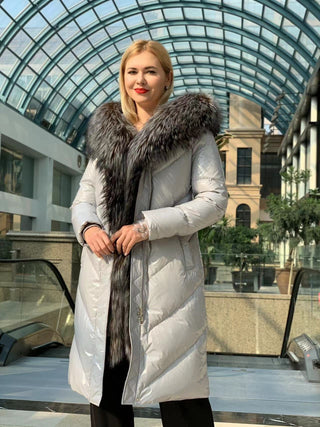 Genuine Silver Fox Fur Belted Parka Coat - By Baano