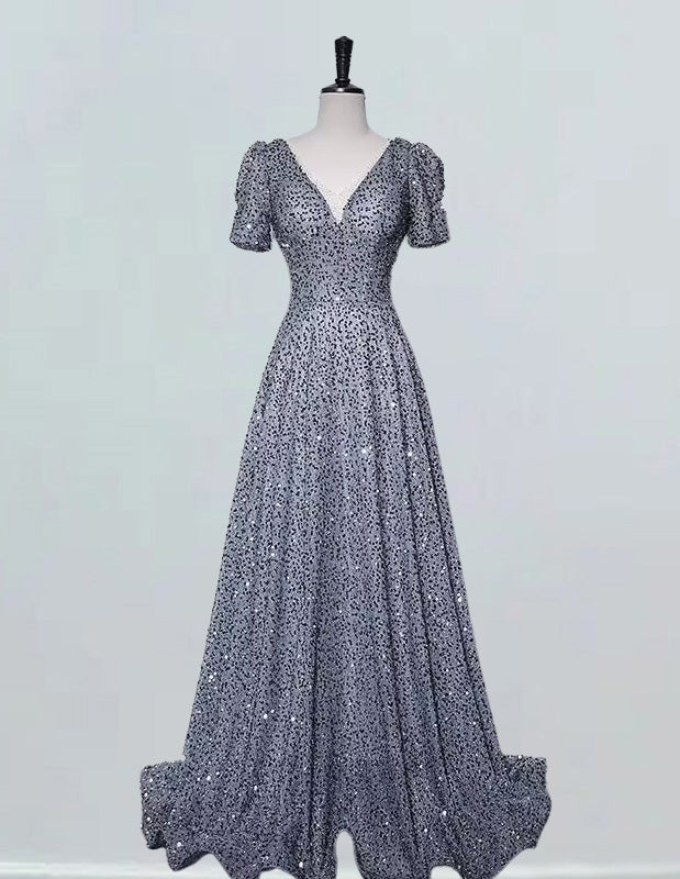 Women's Elegant Gray Sequin V-Neck Prom Dress | Floor-Length Evening Gown