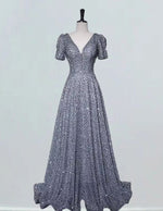 Women's Elegant Gray Sequin V-Neck Prom Dress | Floor-Length Evening Gown