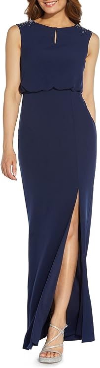 Adrianna Papell Boat Neck Keyhole Front Sleeveless Embellished Shoulder Blouson Pleated Zipper Back Slit Front Crepe Dress - By Baano