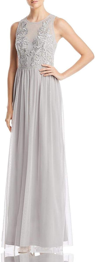 Adrianna Papell Crew Neck Sleeveless Illusion Ruched Keyhole Back Embroidered Mesh Gown - By Baano