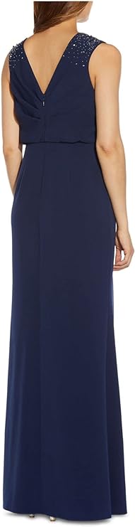 Adrianna Papell Boat Neck Keyhole Front Sleeveless Embellished Shoulder Blouson Pleated Zipper Back Slit Front Crepe Dress - By Baano