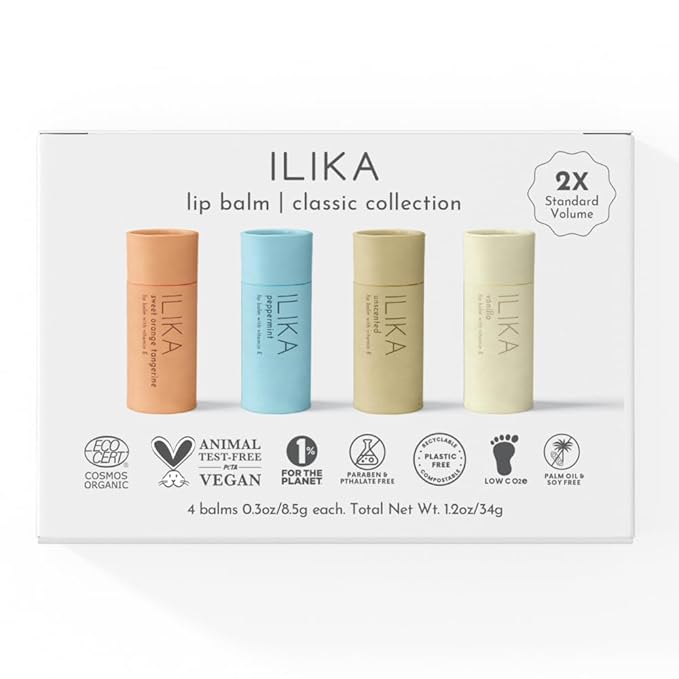 ILIKA Lip Balm Organic, 100% Plant-Based, 2X Volume, Low CO2e - COSMOS Certified Organic, PETA Certified Vegan & Cruelty-Free, Biodegradable Tube 4 Pack, Classic Collection - By Baano