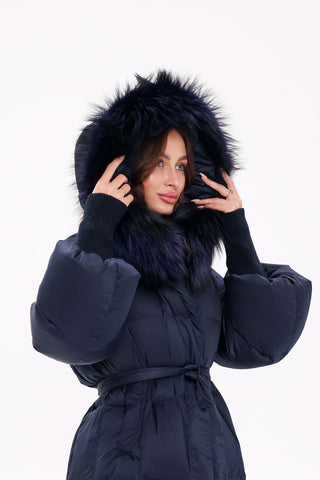 Genuine Fox Fur Trim Down Coat in Royal Blue - By Baano