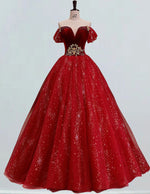 Burgundy strapless velvet beading long tulle ball gown bridal party dress princess wedding gown