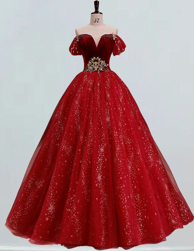 Burgundy strapless velvet beading long tulle ball gown bridal party dress princess wedding gown