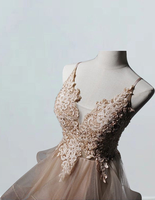 Women's V-Neck Lace Applique Ball Gown | Beaded Spaghetti Strap Prom Dress