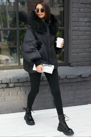 Chantal Genuine Fur Trim Down Fill Coat in Black