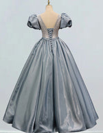 Women's Grayish Blue Sequin V-Neck Prom Gown, Puff Sleeves, Elegant Evening Dress