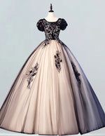 Black scoop lace short sleeve champagne long tulle prom gown