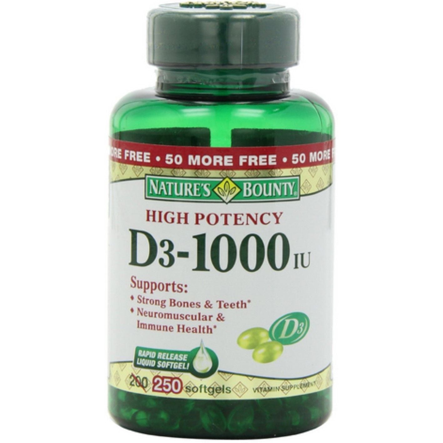 Nature's Bounty Vitamin D3, 25 Mcg (1000 IU), 250 Rapid Release Softgels