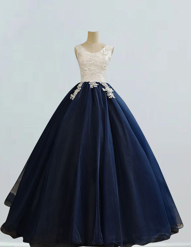 Elegant Navy Tulle Prom Gown, Lace Applique Boat Neck, Formal Evening Dress