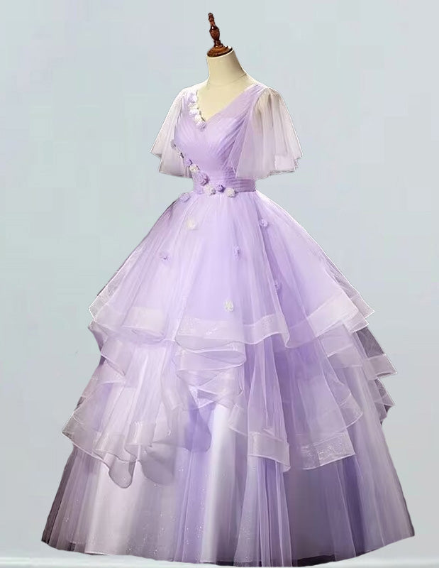 Elegant Lavender V-Neck Prom Dress | Pleated Floral Evening Gown for Girls