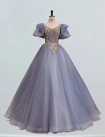 Blue scoop gold lace beaded long short sleeve ball gown prom dress