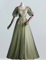 Sage Green Square Collar Tulle Prom Dress | Lace Appliqué Evening Gown