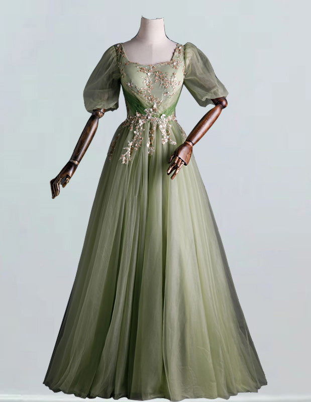 Sage Green Square Collar Tulle Prom Dress | Lace Appliqué Evening Gown