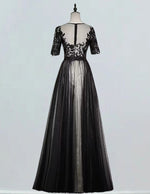 Women's Black Lace Applique Tulle Prom Dress | Boat Neck Evening Gown