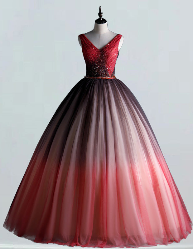 Elegant Red Tulle V-Neck Ball Gown | Beaded Floor-Length Evening Dress