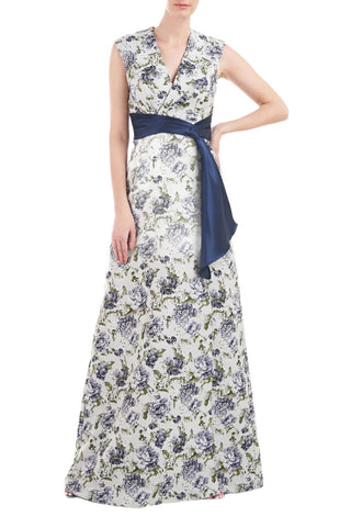 Kay Unger V-Neck Sleeveless Wrap Bodice with Pleats Waist Band A-Line Jacquard Dress - By Baano