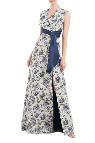 Kay Unger V-Neck Sleeveless Wrap Bodice with Pleats Waist Band A-Line Jacquard Dress - By Baano