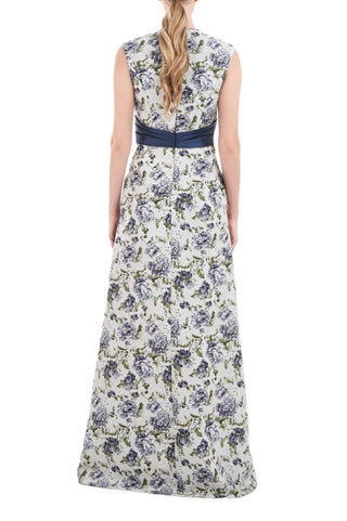Kay Unger V-Neck Sleeveless Wrap Bodice with Pleats Waist Band A-Line Jacquard Dress - By Baano