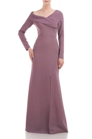 Kay Unger Asymmetrical Draped Neckline Long Sleeve Bodycon Zipper Back Stretch Crepe Dress - Glamourous Grace