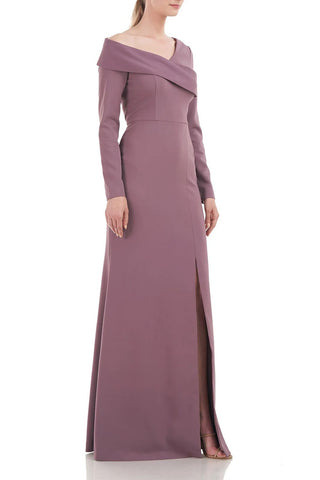 Kay Unger Asymmetrical Draped Neckline Long Sleeve Bodycon Zipper Back Stretch Crepe Dress - Glamourous Grace