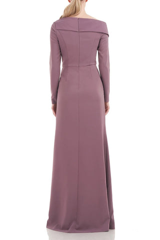 Kay Unger Asymmetrical Draped Neckline Long Sleeve Bodycon Zipper Back Stretch Crepe Dress - Glamourous Grace