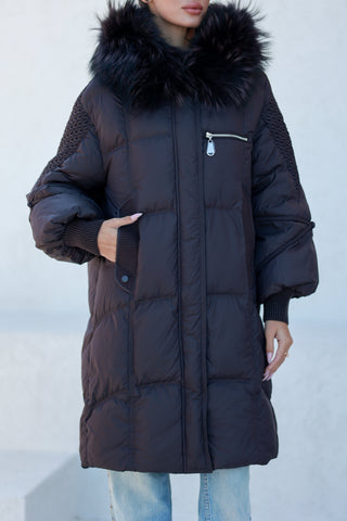 Dakota Genuine Fur Trim Down Fill Coat in Fig