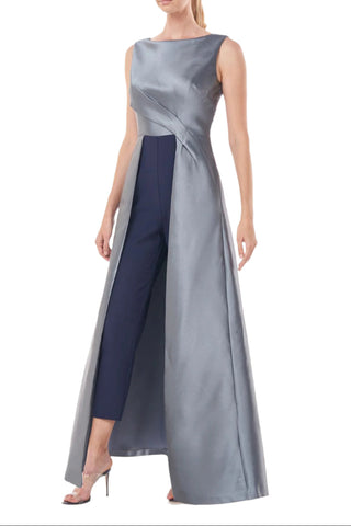 Kay Unger Boat Neck Sleeveless Pleated Zipper Back Walk-Through Twill Jumpsuit Stretch Crepe Ankle Length Pant with Pockets - By Baano