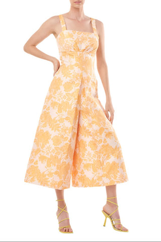 Kay Unger Sleeveless Square Neck Empire Waist Floral Two - Tone Jacquard Jumpsuit with Pockets - Glamourous Grace