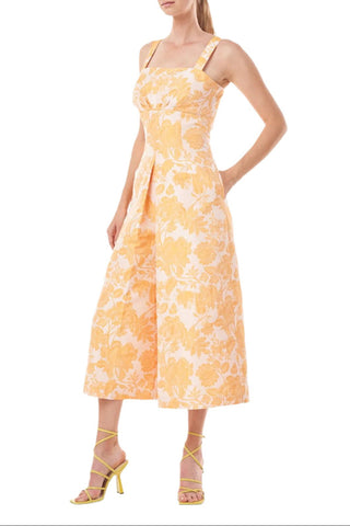 Kay Unger Sleeveless Square Neck Empire Waist Floral Two - Tone Jacquard Jumpsuit with Pockets - Glamourous Grace