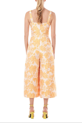 Kay Unger Sleeveless Square Neck Empire Waist Floral Two - Tone Jacquard Jumpsuit with Pockets - Glamourous Grace