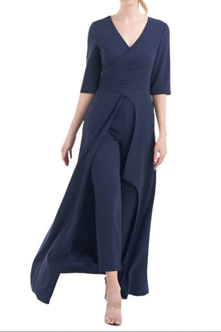 Kay Unger V - Neck 3/4 Sleeve Solid Zipper Back Full - Length Skirt With Walk - Through Front Cutout Crepe Jumpsuit With Pockets - Glamourous Grace