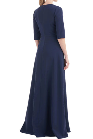 Kay Unger V - Neck 3/4 Sleeve Solid Zipper Back Full - Length Skirt With Walk - Through Front Cutout Crepe Jumpsuit With Pockets - Glamourous Grace