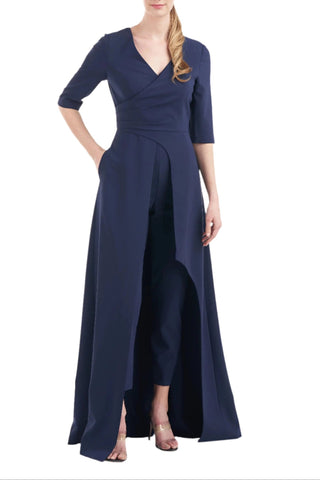 Kay Unger V - Neck 3/4 Sleeve Solid Zipper Back Full - Length Skirt With Walk - Through Front Cutout Crepe Jumpsuit With Pockets - Glamourous Grace