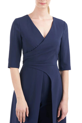 Kay Unger V - Neck 3/4 Sleeve Solid Zipper Back Full - Length Skirt With Walk - Through Front Cutout Crepe Jumpsuit With Pockets - Glamourous Grace