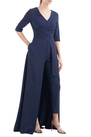 Kay Unger V - Neck 3/4 Sleeve Solid Zipper Back Full - Length Skirt With Walk - Through Front Cutout Crepe Jumpsuit With Pockets - Glamourous Grace