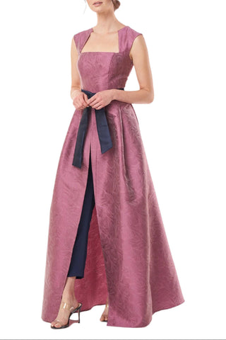 Kay Unger Square Neck Sleeveless Tie Waist Zipper Back Mikado Walk Through Jumpsuit With Stretch Crepe Pant - By Baano