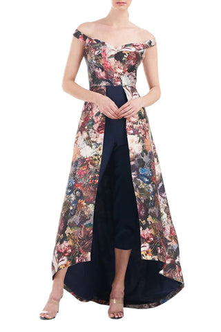 Kay Unger Off Shoulder Sleeveless High Low Hem Mikado Skirt with Stretch Crepe Pant - Glamourous Grace