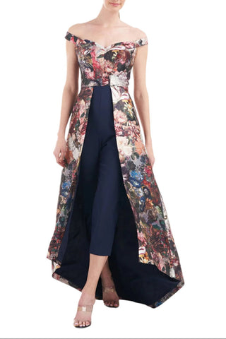 Kay Unger Off Shoulder Sleeveless High Low Hem Mikado Skirt with Stretch Crepe Pant - Glamourous Grace