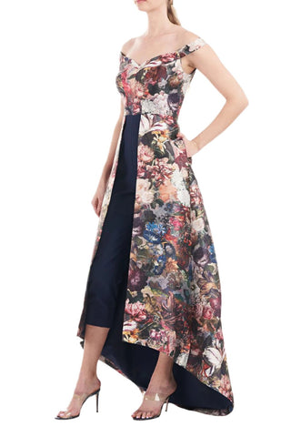 Kay Unger Off Shoulder Sleeveless High Low Hem Mikado Skirt with Stretch Crepe Pant - Glamourous Grace