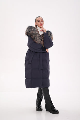 Rei Genuine Fur Trim Hooded Down Coat in Navy - By Baano
