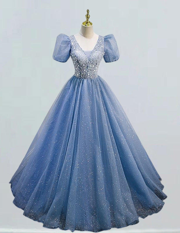 Blue v neck beading lace long sparkle tulle ball gown