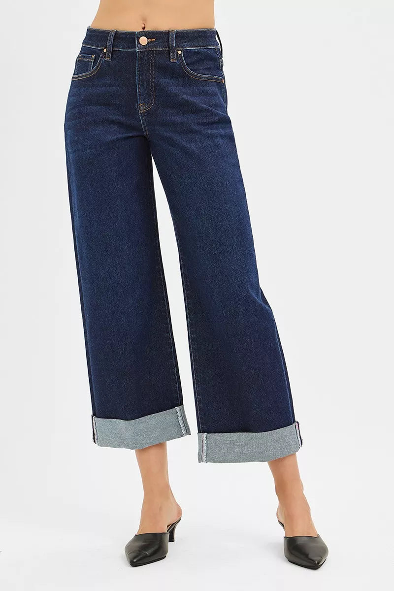 Risen Mid Rise Ankle Jeans With Wide Roll Up Cuffs Details